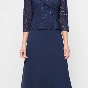 alexevenings.com Petite Long Stretch Lace Mock Dress with Portrait Collar Neckli